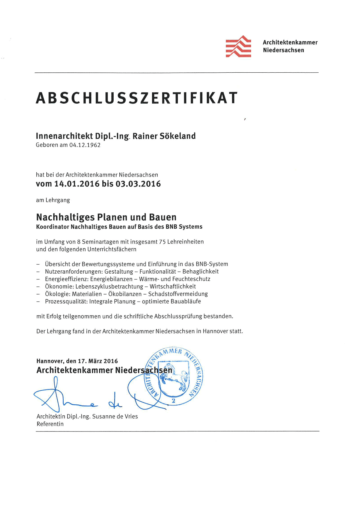 Zertifikat BNB Koordinator Rainer Sökeland